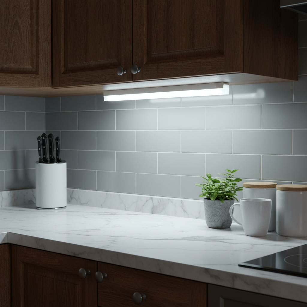 Barra LED sob armário cozinha